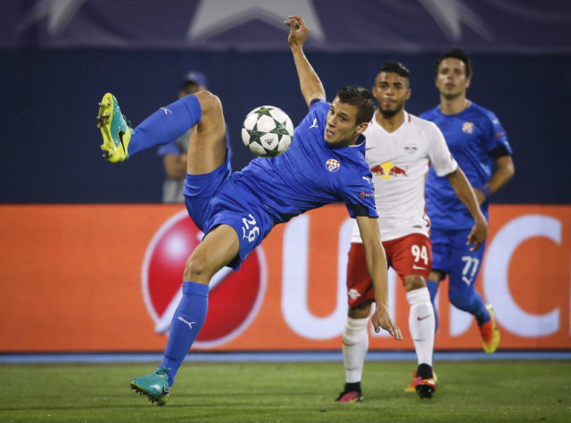 ZAGREB, CROATIA - AUGUST 16: Filip Benkovic (L) of Dinamo Zagreb in action during the UEFA Champions League Play-offs First leg match between Dinamo Zagreb and Salzburg at Stadion Maksimir on August 16, 2016 in Zagreb, Croatia. (Photo by Srdjan Stevanovic/Getty Images)