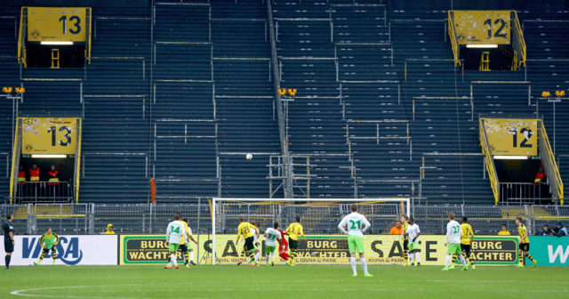 DORTMUND, GERMANY - FEBRUARY 18: Action in front of the empty south tribune during the Bundesliga match between Borussia Dortmund and VfL Wolfsburg at Signal Iduna Park on February 18, 2017 in Dortmund, Germany. (Photo by Christof Koepsel/Bongarts/Getty Images)