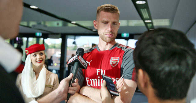 SYDNEY, AUSTRALIA - JULY 12: Per Mertesacker speaks to media during the Emirates Kids Clinic with Arsenal FC at Sydney University on July 12, 2017 in Sydney, Australia. (Photo by Mark Metcalfe/Getty Images for Emirates)