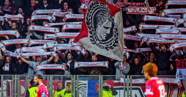 FC Cologne's fans support their team during the UEFA Europa League Group H football match between FC BATE Borisov and FC Cologne in Borisov outside Minsk on October 19, 2017. / AFP PHOTO / Maxim MALINOVSKY (Photo credit should read MAXIM MALINOVSKY/AFP/Getty Images)