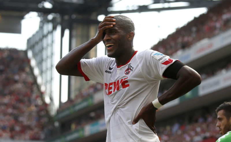 COLOGNE, GERMANY - AUGUST 22: Anthony Modeste of Cologne disappointed during the Bundesliga match between 1. FC Koeln and VfL Wolfsburg at RheinEnergieStadion on August 22, 2015 in Cologne, Germany. (Photo by Mika Volkmann/Bongarts/Getty Images)