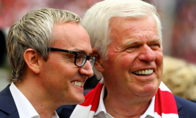 COLOGNE, GERMANY - MAY 23: (L-R) Chairman Alexander Wehrle and vice-president Werner Spinner of Koeln smile prior to the Bundesliga match between 1. FC Koelan and VfL Wolfsburg at RheinEnergieStadion on May 23, 2015 in Cologne, Germany.