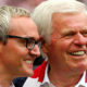 COLOGNE, GERMANY - MAY 23: (L-R) Chairman Alexander Wehrle and vice-president Werner Spinner of Koeln smile prior to the Bundesliga match between 1. FC Koelan and VfL Wolfsburg at RheinEnergieStadion on May 23, 2015 in Cologne, Germany.