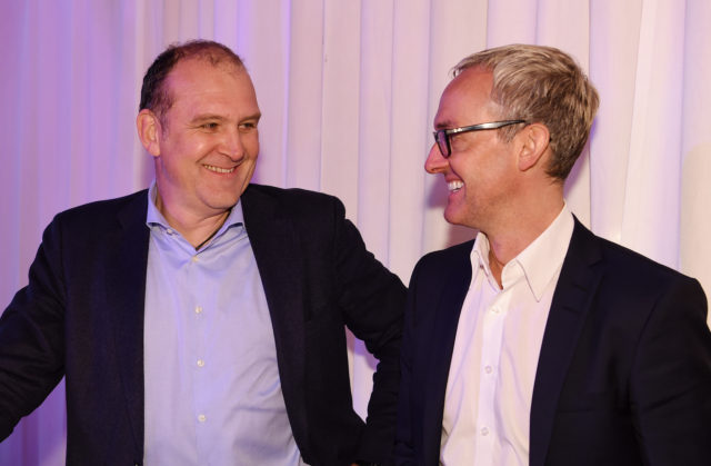 FRANKFURT AM MAIN, GERMANY - JANUARY 19: Manager Joerg Schmadtke (L) of Koeln and Alexander Wehrle seen during the DFL New Year's Reception 'Anstoss 2016' on January 19, 2016 in Frankfurt am Main, Germany.