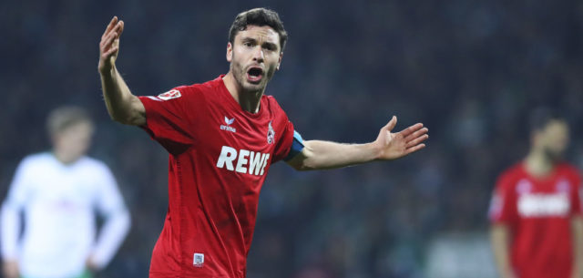 BREMEN, GERMANY - DECEMBER 17: Jonas Hector of Koeln gesticulated during the Bundesliga match between Werder Bremen and 1. FC Koeln at Weserstadion on December 17, 2016 in Bremen, Germany.