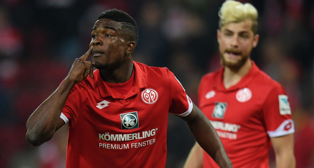 MAINZ, GERMANY - APRIL 05: Jhon Cordoba of Mainz gestures during the Bundesliga match between 1. FSV Mainz 05 and RB Leipzig at Opel Arena on April 5, 2017 in Mainz, Germany.