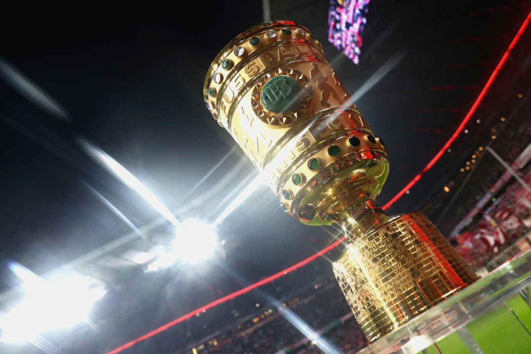 MUNICH, GERMANY - MARCH 01: (EDITORS NOTE: A special effects camera filter was used for this image.) The Germany Cup winners trophy is displayed prior to the DFB Cup quarter final between Bayern Muenchen and FC Schalke 04 at Allianz Arena on March 1, 2017 in Munich, Germany.