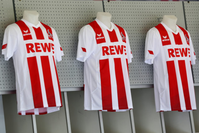 COLOGNE, GERMANY - JULY 03: The fanshop with the new jersey is seen during the training session of 1. FC Koeln at RheinEnergieSportpark on July 3, 2017 in Cologne, Germany.