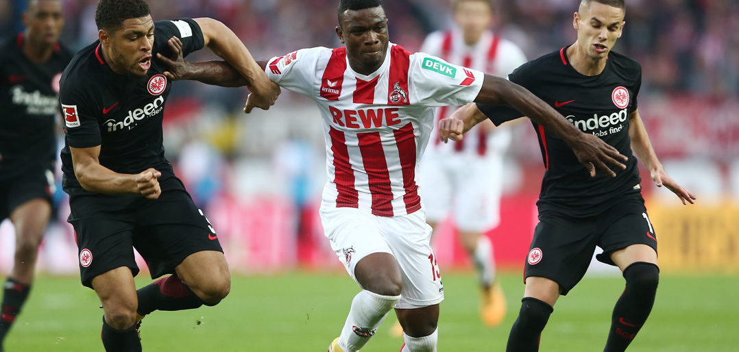 COLOGNE, GERMANY - SEPTEMBER 20: Simon Falette of Frankfurt (l) , Jhon Cordoba of Koeln (c) and Mijat Gacinovic of Frankfurt during the Bundesliga match between 1. FC Koeln and Eintracht Frankfurt at RheinEnergieStadion on September 20, 2017 in Cologne, Germany. (Photo by Christof Koepsel/Bongarts/Getty Images)