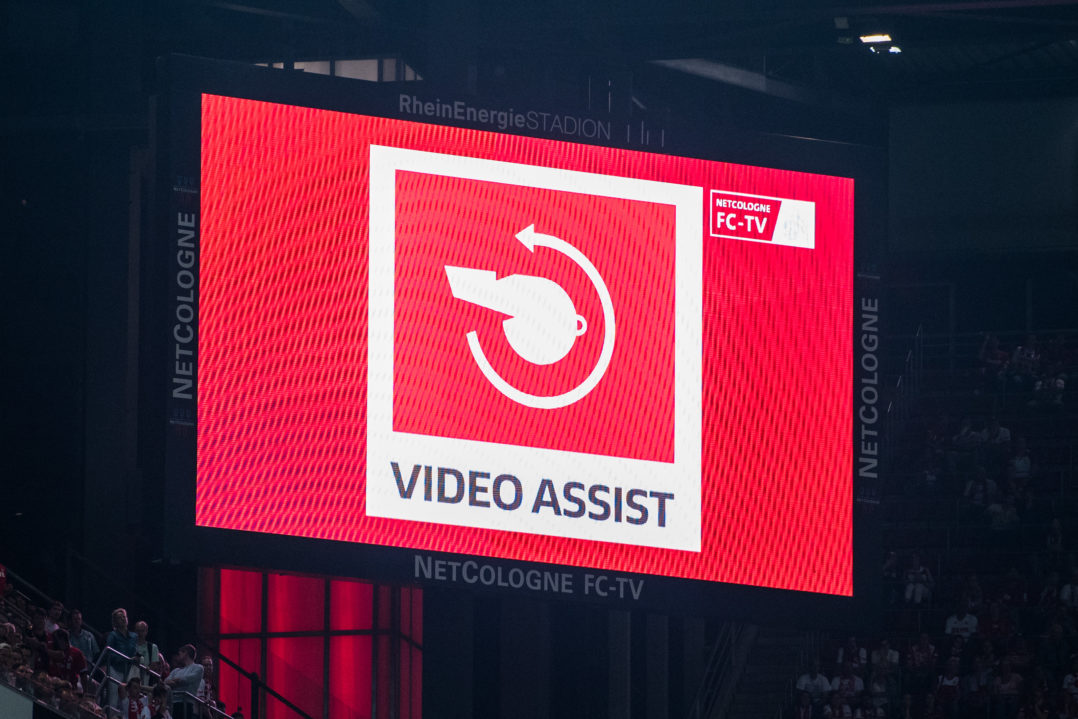 COLOGNE, GERMANY - AUGUST 25: The LED board depicting the Video Assist during the Bundesliga match between 1. FC Koeln and Hamburger SV at RheinEnergieStadion on August 25, 2017 in Cologne, Germany. (Photo by Lukas Schulze/Bongarts/Getty Images)