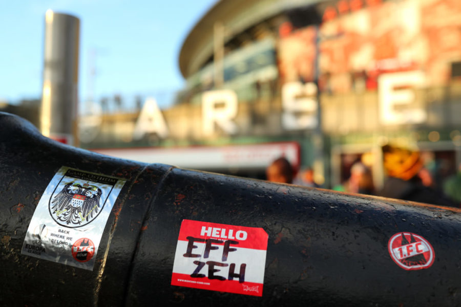 LONDON, ENGLAND - SEPTEMBER 14: FC Koeln stickers are seen outside of Emirates ahead of the UEFA Europa League group H match between Arsenal FC and 1. FC Koeln at Emirates Stadium on September 14, 2017 in London, United Kingdom. (Photo by Richard Heathcote/Getty Images)