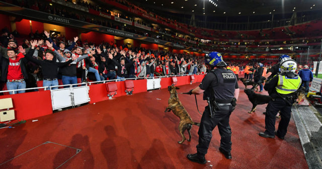 LONDON, ENGLAND - SEPTEMBER 14: Police dogs are brought into the stadium to help control Fc Koeln fans prior to the UEFA Europa League group H match between Arsenal FC and 1. FC Koeln at Emirates Stadium on September 14, 2017 in London, United Kingdom. (Photo by Dan Mullan/Getty Images)