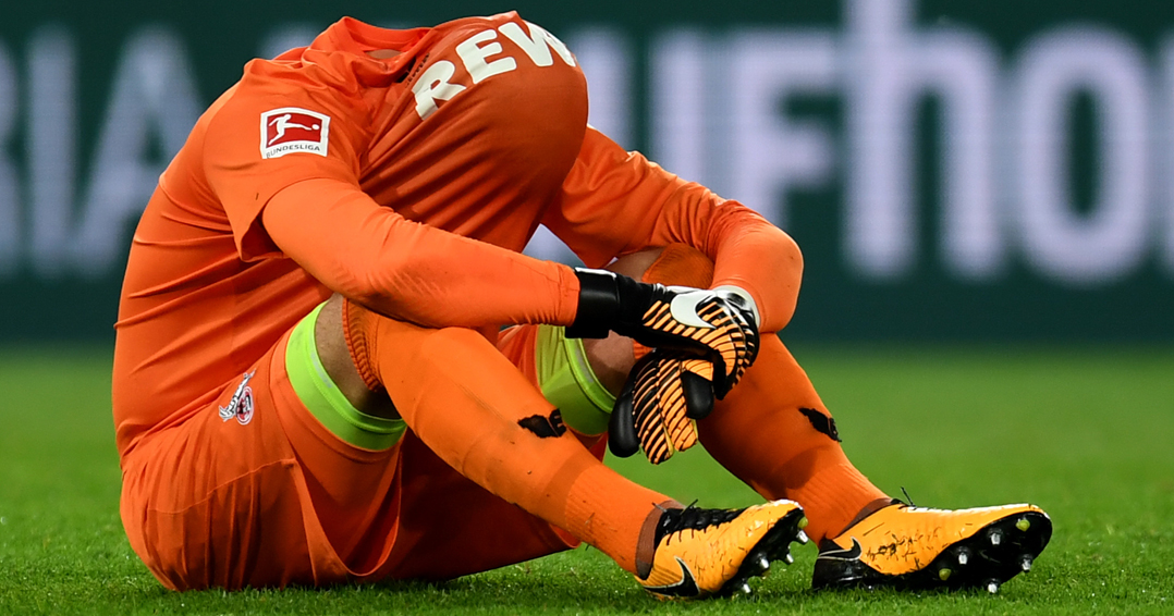 Cologne's German goalkeeper Timo Horn reacts after the German First division Bundesliga football match 1 FC Cologne vs Eintracht Frankfurt in Cologne, western Germany, on September 20, 2017. / AFP PHOTO / PATRIK STOLLARZ (Photo credit should read PATRIK STOLLARZ/AFP/Getty Images)