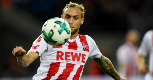 Cologne's midfielder Marcel Risse plays the ball during the German First division Bundesliga football match 1 FC Cologne vs Eintracht Frankfurt in Cologne, western Germany, on September 20, 2017. / AFP PHOTO / PATRIK STOLLARZ (Photo credit should read PATRIK STOLLARZ/AFP/Getty Images)