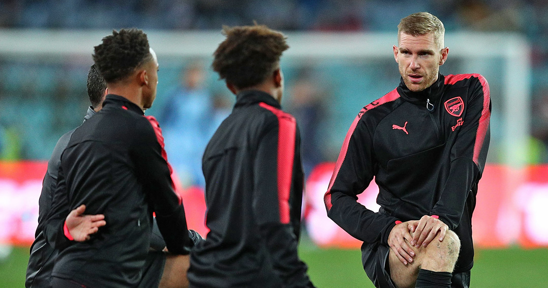 SYDNEY, AUSTRALIA - JULY 13: Per Mertesacker of Arsenal warms up before the match between Sydney FC and Arsenal FC at ANZ Stadium on July 13, 2017 in Sydney, Australia. (Photo by Zak Kaczmarek/Getty Images)