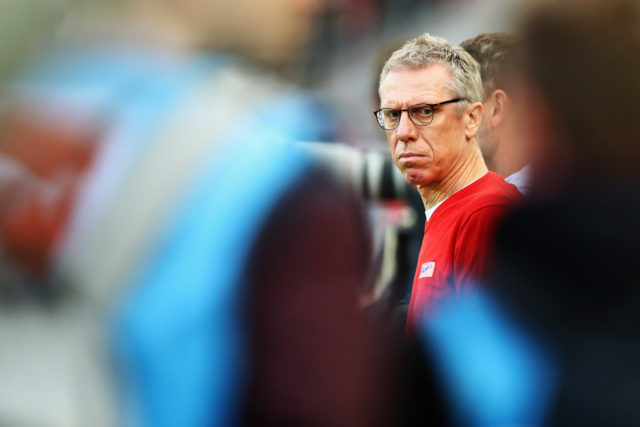 COLOGNE, GERMANY - OCTOBER 01: FC Koeln Manager / Head Coach, Peter Stoger looks on during the Bundesliga match between 1. FC Koeln and RB Leipzig at RheinEnergieStadion on October 1, 2017 in Cologne, Germany. (Photo by Dean Mouhtaropoulos/Bongarts/Getty Images)