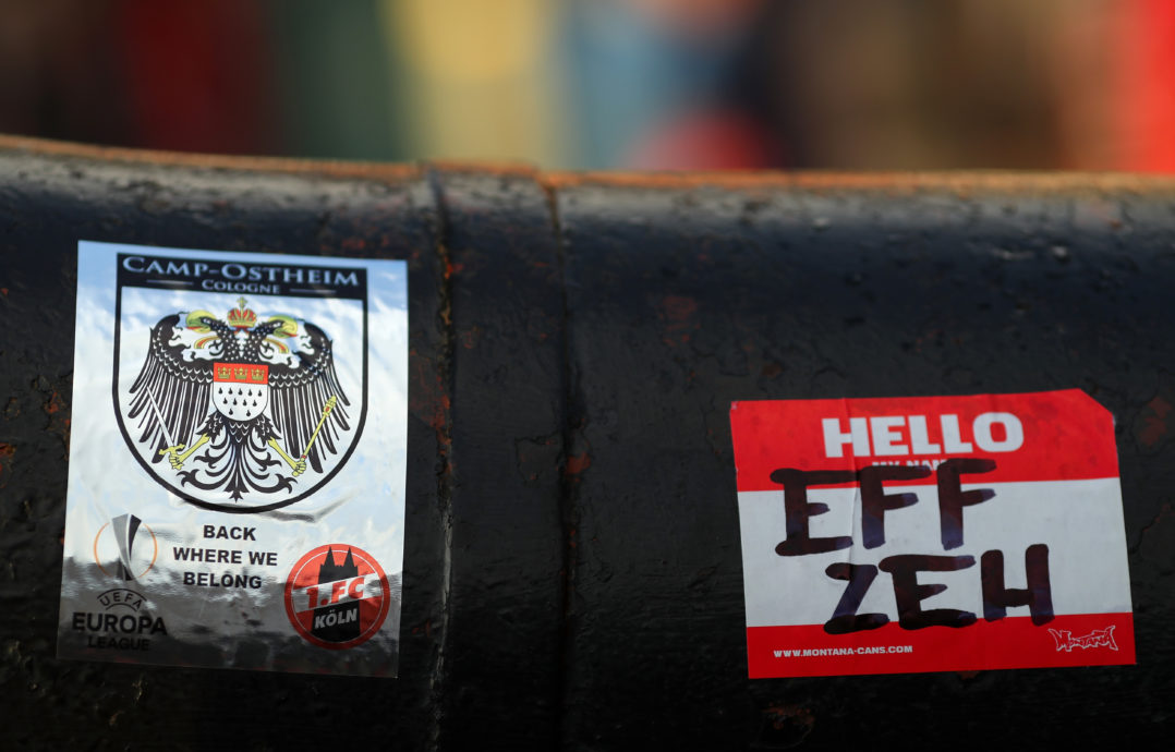 LONDON, ENGLAND - SEPTEMBER 14: FC Koeln stickers are seen outside of Emirates ahead of the UEFA Europa League group H match between Arsenal FC and 1. FC Koeln at Emirates Stadium on September 14, 2017 in London, United Kingdom. (Photo by Richard Heathcote/Getty Images)