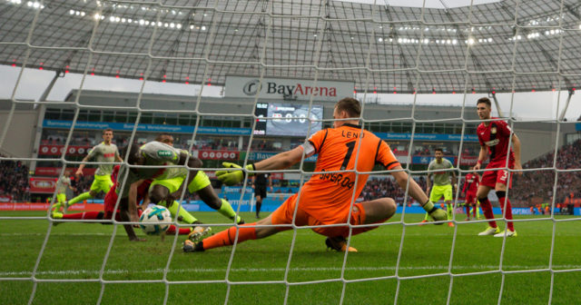 LEVERKUSEN, GERMANY - OCTOBER 28: Beyhan Ametov of Koeln scores his team's first goal past Bernd Leno goalkeeper of Leverkusen to make it 0-1 during the Bundesliga match between Bayer 04 Leverkusen and 1. FC Koeln at BayArena on October 28, 2017 in Leverkusen, Germany. (Photo by Maja Hitij/Bongarts/Getty Images)