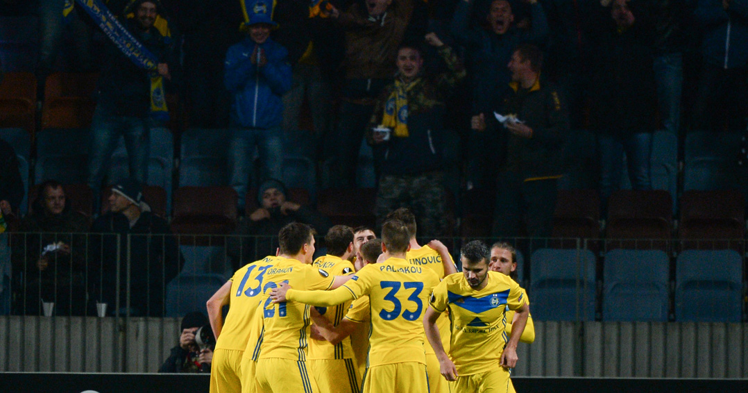 BATE's players celebrate a goal scored by BATE Borisov's Aleksey Rios during the UEFA Europa League Group H football match between FC BATE Borisov and FC Cologne in Borisov outside Minsk on October 19, 2017. / AFP PHOTO / MAXIM MALINOVSKY (Photo credit should read MAXIM MALINOVSKY/AFP/Getty Images)