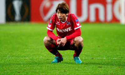 FC Cologne's forward from Japan Yuya Osako reacts after the UEFA Europa League Group H football match between FC BATE Borisov and FC Cologne in Borisov outside Minsk on October 19, 2017. / AFP PHOTO / Maxim MALINOVSKY (Photo credit should read MAXIM MALINOVSKY/AFP/Getty Images)