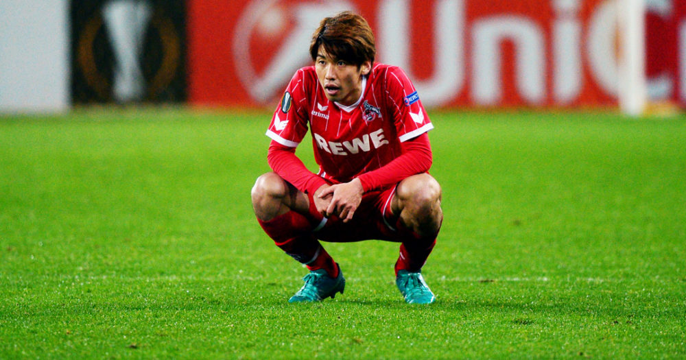 FC Cologne's forward from Japan Yuya Osako reacts after the UEFA Europa League Group H football match between FC BATE Borisov and FC Cologne in Borisov outside Minsk on October 19, 2017. / AFP PHOTO / Maxim MALINOVSKY (Photo credit should read MAXIM MALINOVSKY/AFP/Getty Images)