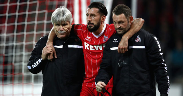 COLOGNE, GERMANY - NOVEMBER 23: Dominic Maroh of FC Koeln is injured and helped off the pitch during the UEFA Europa League group H match between 1. FC Koeln and Arsenal FC at RheinEnergieStadion on November 23, 2017 in Cologne, Germany. (Photo by Maja Hitij/Bongarts/Getty Images)