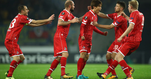 COLOGNE, GERMANY - NOVEMBER 02: Yuya Osako of FC Koeln celebrates after scoring his sides second goal during the UEFA Europa League group H match between 1. FC Koeln and BATE Borisov at RheinEnergieStadion on November 2, 2017 in Cologne, Germany. (Photo by Maja Hitij/Bongarts/Getty Images)
