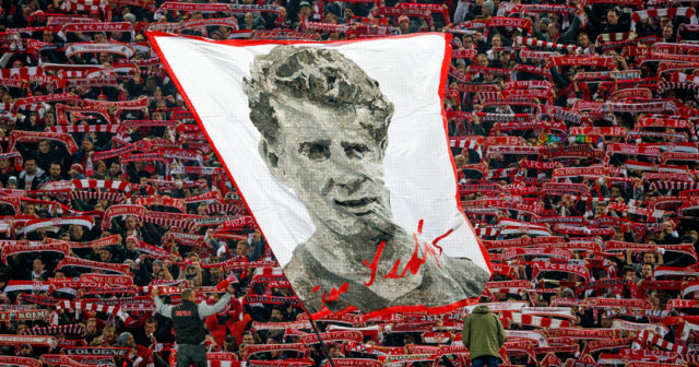 COLOGNE, GERMANY - NOVEMBER 26: Fans of Koeln wave a flag with a picture of Hans Schaefer prior to the Bundesliga match between 1. FC Koeln and Hertha BSC at RheinEnergieStadion on November 26, 2017 in Cologne, Germany. (Photo by Lars Baron/Bongarts/Getty Images)