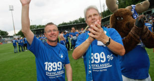 HOFFENHEIM, GERMANY - MAY 18: Head coach Ralf Rangnick and Dietmar Hopp of Hoffenheim celebrate the ascension to the First Bundesliga after winning 5-0 the Second Bundesliga match between 1899 Hoffenheim and Greuther Fuerth at the Dietmar-Hopp stadium on May 18, 2008 in Hoffenheim, Germany. (Photo by Christof Koepsel/Bongarts/Getty Images)