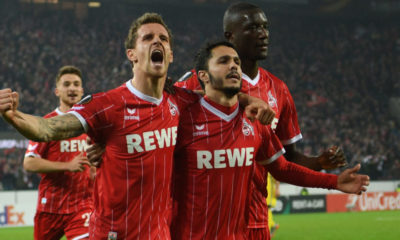 Cologne's German striker Simon Zoller (L) celebrates scoring with his team-mates during the UEFA Europa League football match between FC BATE Borisov and FC Cologne on November 2, 2017 in Cologne, western Germany. / AFP PHOTO / David GANNON (Photo credit should read DAVID GANNON/AFP/Getty Images)