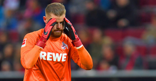 Cologne's goalkeeper Timo Horn reacts during the German First division Bundesliga football match 1 FC Cologne vs TSG Hoffenheim in Cologne, western Germany, on November 5, 2017. / AFP PHOTO / PATRIK STOLLARZ / RESTRICTIONS: DURING MATCH TIME: DFL RULES TO LIMIT THE ONLINE USAGE TO 15 PICTURES PER MATCH AND FORBID IMAGE SEQUENCES TO SIMULATE VIDEO. == RESTRICTED TO EDITORIAL USE == FOR FURTHER QUERIES PLEASE CONTACT DFL DIRECTLY AT + 49 69 650050 (Photo credit should read PATRIK STOLLARZ/AFP/Getty Images)