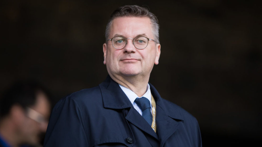 GROSSASPACH, GERMANY - OCTOBER 24: DFB President Reinhard Grindel looks on during the 2019 FIFA Women's World Championship Qualifier match between Germany and Faroe Islands at mechatronik Arena on October 24, 2017 in Grossaspach, Germany. (Photo by Simon Hofmann/Bongarts/Getty Images)