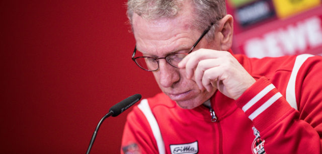 COLOGNE, GERMANY - NOVEMBER 05: Coach Peter Stoeger of Koeln looks on during a press conference after the Bundesliga match between 1. FC Koeln and TSG 1899 Hoffenheim at RheinEnergieStadion on November 5, 2017 in Cologne, Germany. (Photo by Maja Hitij/Bongarts/Getty Images)