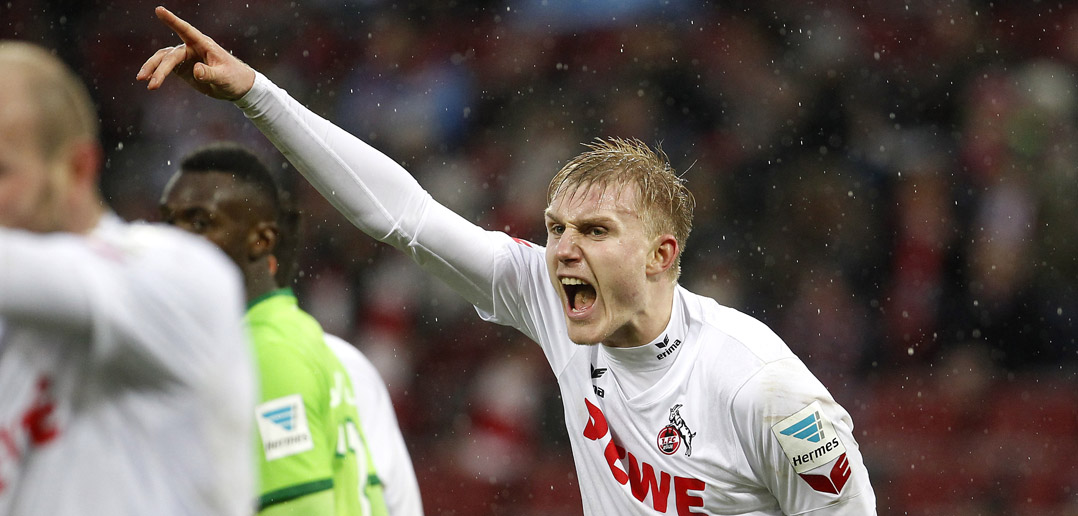 COLOGNE, GERMANY - FEBRUARY 04: Frederik Soerensen of Cologne shouts during the Bundesliga match between 1. FC Koeln and VfL Wolfsburg at RheinEnergieStadion on February 4, 2017 in Cologne, Germany. (Photo by Mika Volkmann/Bongarts/Getty Images)