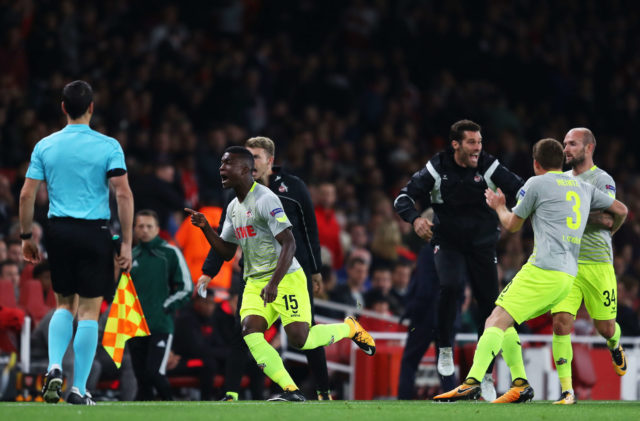 LONDON, ENGLAND - SEPTEMBER 14: Jhon Cordoba of FC Koeln celebrates after scoring the first goal during the UEFA Europa League group H match between Arsenal FC and 1. FC Koeln at Emirates Stadium on September 14, 2017 in London, United Kingdom. (Photo by Richard Heathcote/Getty Images)