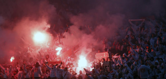 BELGRADE, SERBIA - DECEMBER 07: FC Koeln fans light torches prior to the UEFA Europa League group H match between Crvena Zvezda and 1. FC Koeln at stadium Rajko Mitic on December 7, 2017 in Belgrade, Serbia. (Photo by Srdjan Stevanovic/Getty Images)