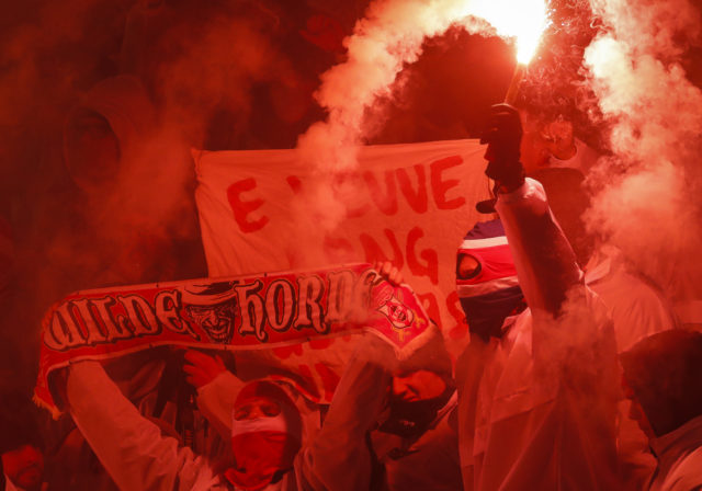 BELGRADE, SERBIA - DECEMBER 07: FC Koeln fans light torches during the UEFA Europa League group H match between Crvena Zvezda and 1. FC Koeln at stadium Rajko Mitic on December 7, 2017 in Belgrade, Serbia. (Photo by Srdjan Stevanovic/Getty Images)