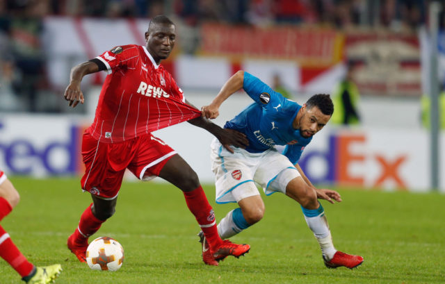 Cologne's French forward Sehrou Guirassy and Arsenal's French midfielder Francis Coquelin (R) vie for the ball during the UEFA Europa League football match 1 FC Cologne v Arsenal FC on November 23, 2017 in Cologne, western Germany. / AFP PHOTO / INA FASSBENDER (Photo credit should read INA FASSBENDER/AFP/Getty Images)