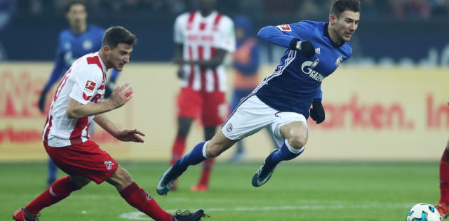 GELSENKIRCHEN, GERMANY - DECEMBER 02: Salih Oezcan of Koeln (l9 fouls Leon Goretzka of Schalke during the Bundesliga match between FC Schalke 04 and 1. FC Koeln at Veltins-Arena on December 2, 2017 in Gelsenkirchen, Germany. (Photo by Christof Koepsel/Bongarts/Getty Images)