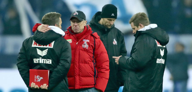 GELSENKIRCHEN, GERMANY - DECEMBER 02: (L-R) Assistant coach Manfred Schmid and head coach Peter Stoeger of Koeln come together after the 2-2 draw of the Bundesliga match between FC Schalke 04 and 1. FC Koeln at Veltins-Arena on December 2, 2017 in Gelsenkirchen, Germany. (Photo by Christof Koepsel/Bongarts/Getty Images)