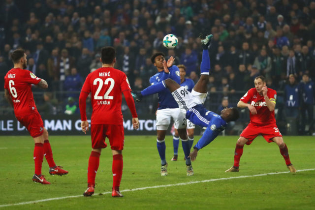 GELSENKIRCHEN, GERMANY - DECEMBER 19: Breel Embolo of Schalke 04 attempts a scissor kick during the DFB Pokal match between FC Schalke 04 and 1. FC Koeln at Veltins-Arena on December 19, 2017 in Gelsenkirchen, Germany. (Photo by Dean Mouhtaropoulos/Bongarts/Getty Images)