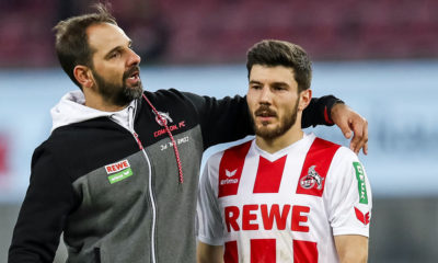 COLOGNE, GERMANY - JANUARY 27: Stefan Ruthenbeck Head Coach of 1. FC Koeln and Milos Jojic #8 of 1.FC Koeln react after the Bundesliga match between 1. FC Koeln and FC Augsburg at RheinEnergieStadion on January 27, 2018 in Cologne, Germany. (Photo by Maja Hitij/Bongarts/Getty Images)