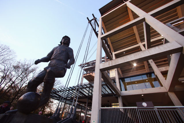 COLOGNE, GERMANY - NOVEMBER 21: A general view of the RheinEnergieStadion with the statue of former Koeln player Heinz Flohe prior to the Bundesliga match between 1. FC Koeln and Hertha BSC on November 22, 2014 in Cologne, Germany. (Photo by Alex Grimm/Bongarts/Getty Images)