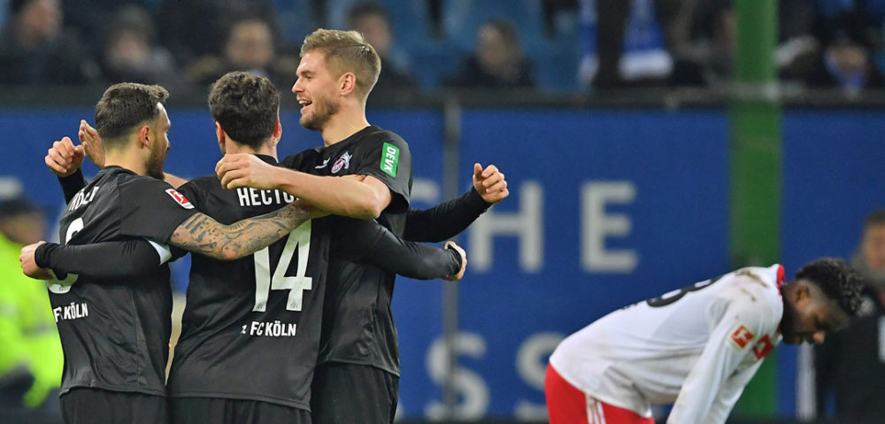 HAMBURG, GERMANY - JANUARY 20: The players of Cologne celebrate at the end of the Bundesliga match between Hamburger SV and 1. FC Koeln at Volksparkstadion on January 20, 2018 in Hamburg, Germany. (Photo by Stuart Franklin/Bongarts/Getty Images)