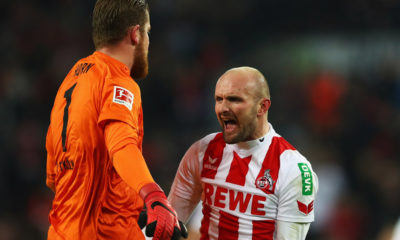 COLOGNE, GERMANY - JANUARY 14: Goalkeeper, Timo Horn and Konstantin Rausch of FC Koeln celebrate victory after the Bundesliga match between 1. FC Koeln and Borussia Moenchengladbach at RheinEnergieStadion on January 14, 2018 in Cologne, Germany. (Photo by Dean Mouhtaropoulos/Bongarts/Getty Images)