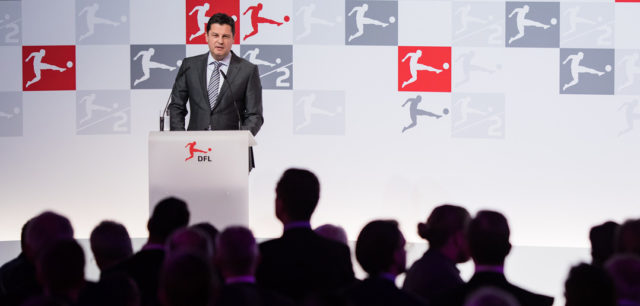 FRANKFURT AM MAIN, GERMANY - JANUARY 16: DFL CEO Christian Seifert holds a speech during the 2018 DFL New Year Reception at Thurn & Taxis Palais on January 16, 2018 in Frankfurt am Main, Germany. (Photo by Simon Hofmann/Bongarts/Getty Images)