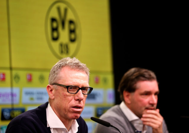 DORTMUND, GERMANY - DECEMBER 10: (L-R) New hed coach Peter Stoeger and manager Michael Zorc of Dortmund during the press conference at Signal Iduna Park on December 10, 2017 in Dortmund, Germany. (Photo by Christof Koepsel/Bongarts/Getty Images)