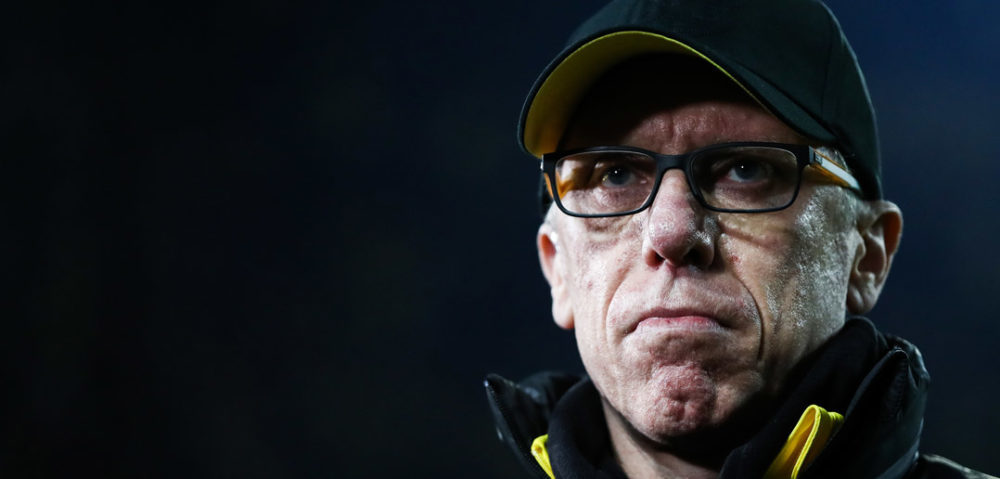 DORTMUND, GERMANY - JANUARY 14: Peter Stoeger head coach of Borussia Dortmund looks on prior the Bundesliga match between Borussia Dortmund and VfL Wolfsburg at Signal Iduna Park on January 14, 2018 in Dortmund, Germany. (Photo by Maja Hitij/Bongarts/Getty Images)
