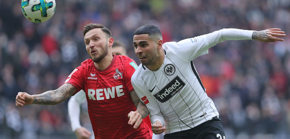 FRANKFURT AM MAIN, GERMANY - FEBRUARY 10: Omar Mascarell of Frankfurt (r) fights for the ball with Marco Hoeger of Koeln during the Bundesliga match between Eintracht Frankfurt and 1. FC Koeln at Commerzbank-Arena on February 10, 2018 in Frankfurt am Main, Germany. (Photo by Simon Hofmann/Bongarts/Getty Images)