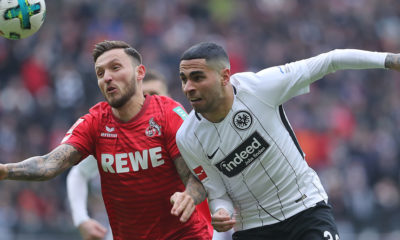 FRANKFURT AM MAIN, GERMANY - FEBRUARY 10: Omar Mascarell of Frankfurt (r) fights for the ball with Marco Hoeger of Koeln during the Bundesliga match between Eintracht Frankfurt and 1. FC Koeln at Commerzbank-Arena on February 10, 2018 in Frankfurt am Main, Germany. (Photo by Simon Hofmann/Bongarts/Getty Images)